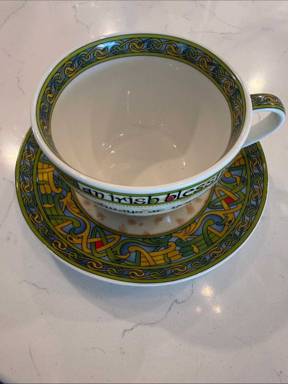 Celtic Knot Ceramic Tea Cup & Saucer Set - Green and Yellow